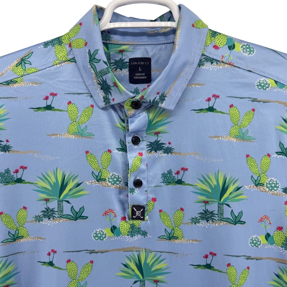 CON.STRUCT Mens Large Blue Cactus Desert Print Quick Dry Performance Golf Polo